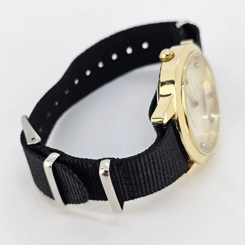Embassy Men's Analog Watch 38MM Gold Dial Date NEW Black Canvas Band NEW Battery